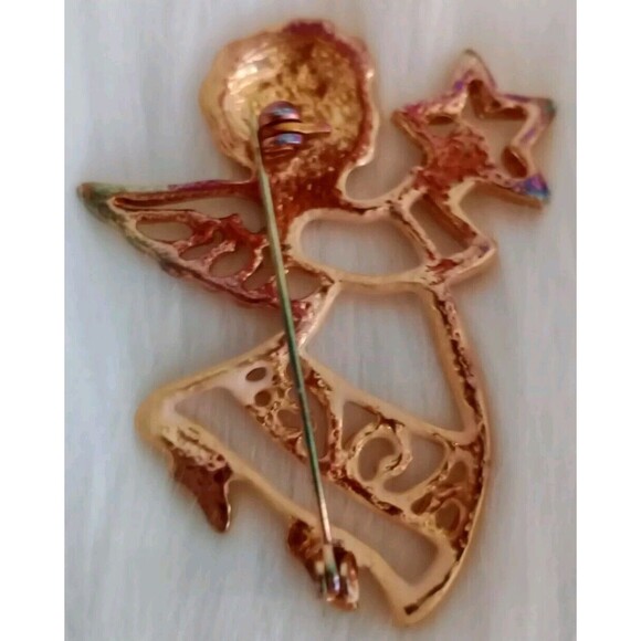 Vintage Gold Tone Angel Holding A Star Brooch 2” L Womens Jewelry Christmas - Picture 4 of 4